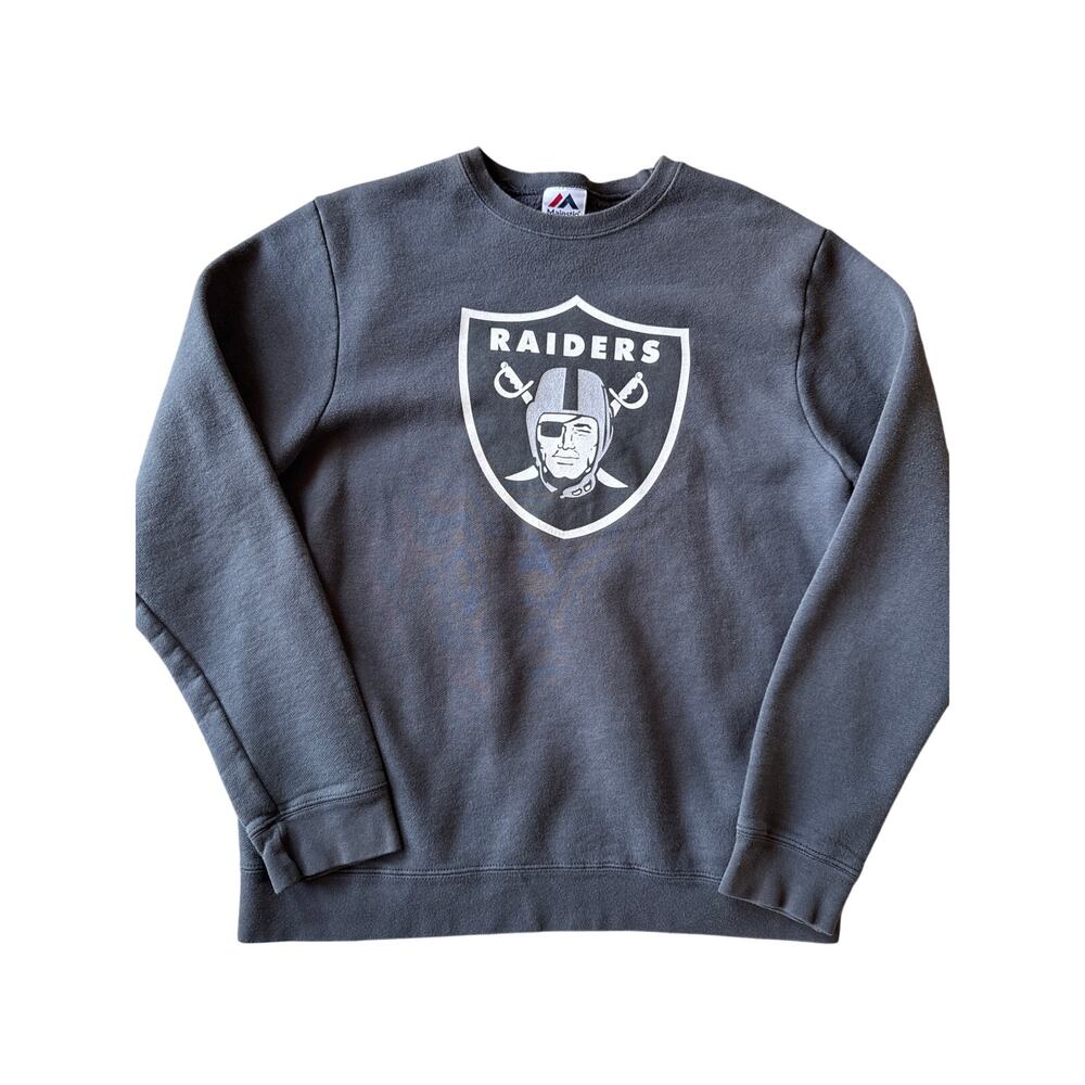 NFL Raiders Football Majestic M Faded Black Crewneck Sweatshirt